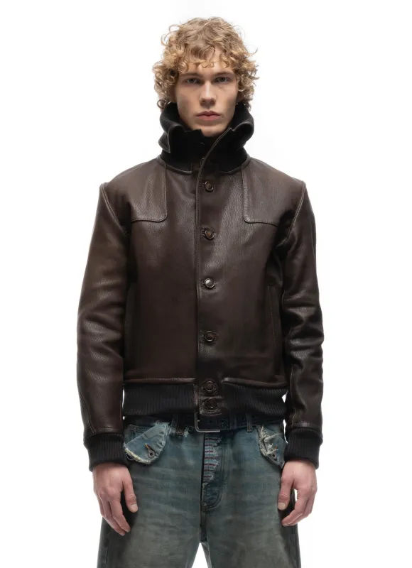 COLLAR UP BUTTON LEATHER JACKET BROWN made by NO/FAITH STUDIOS
