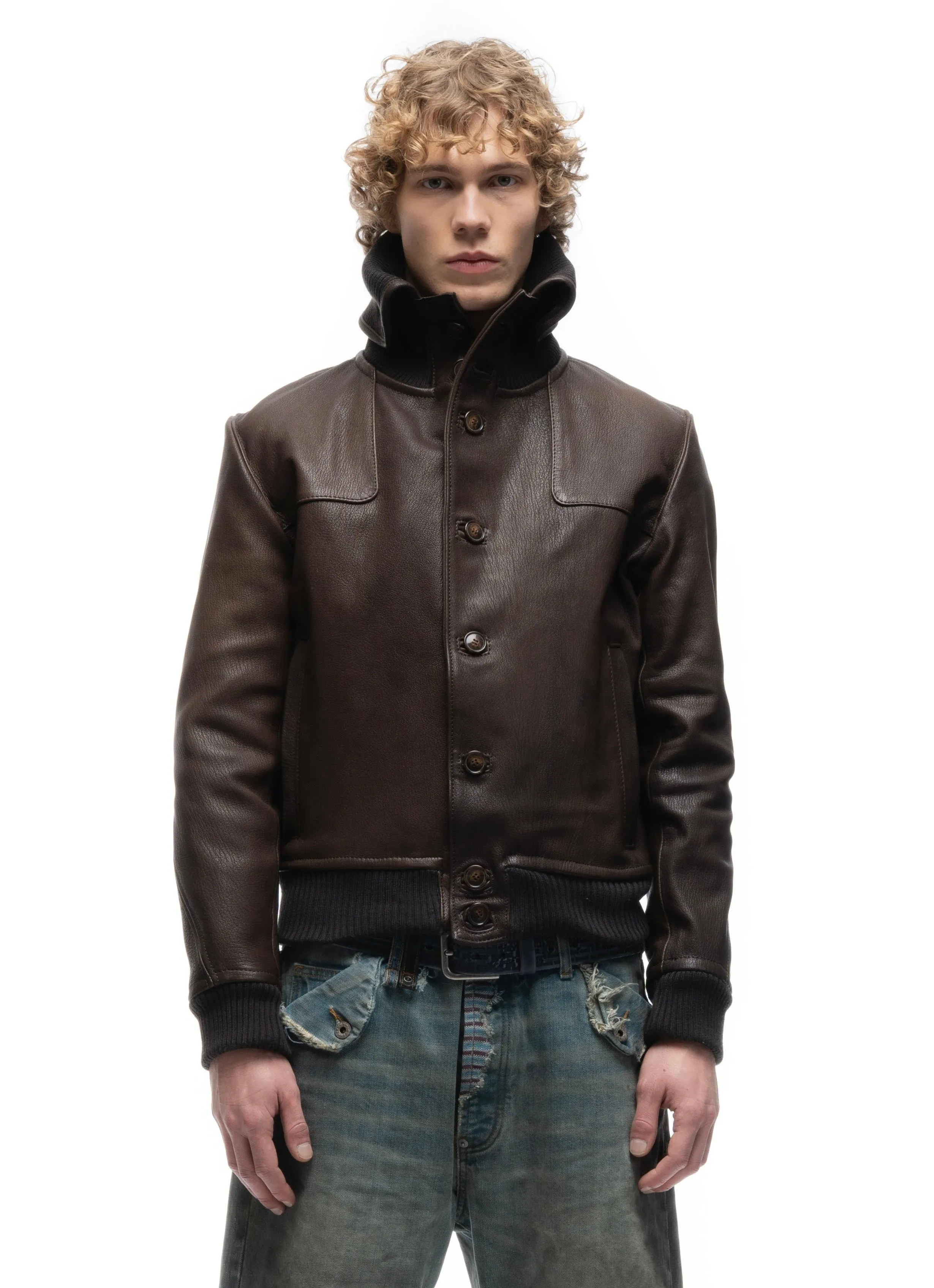 COLLAR UP BUTTON LEATHER JACKET BROWN sold by NO/FAITH STUDIOS