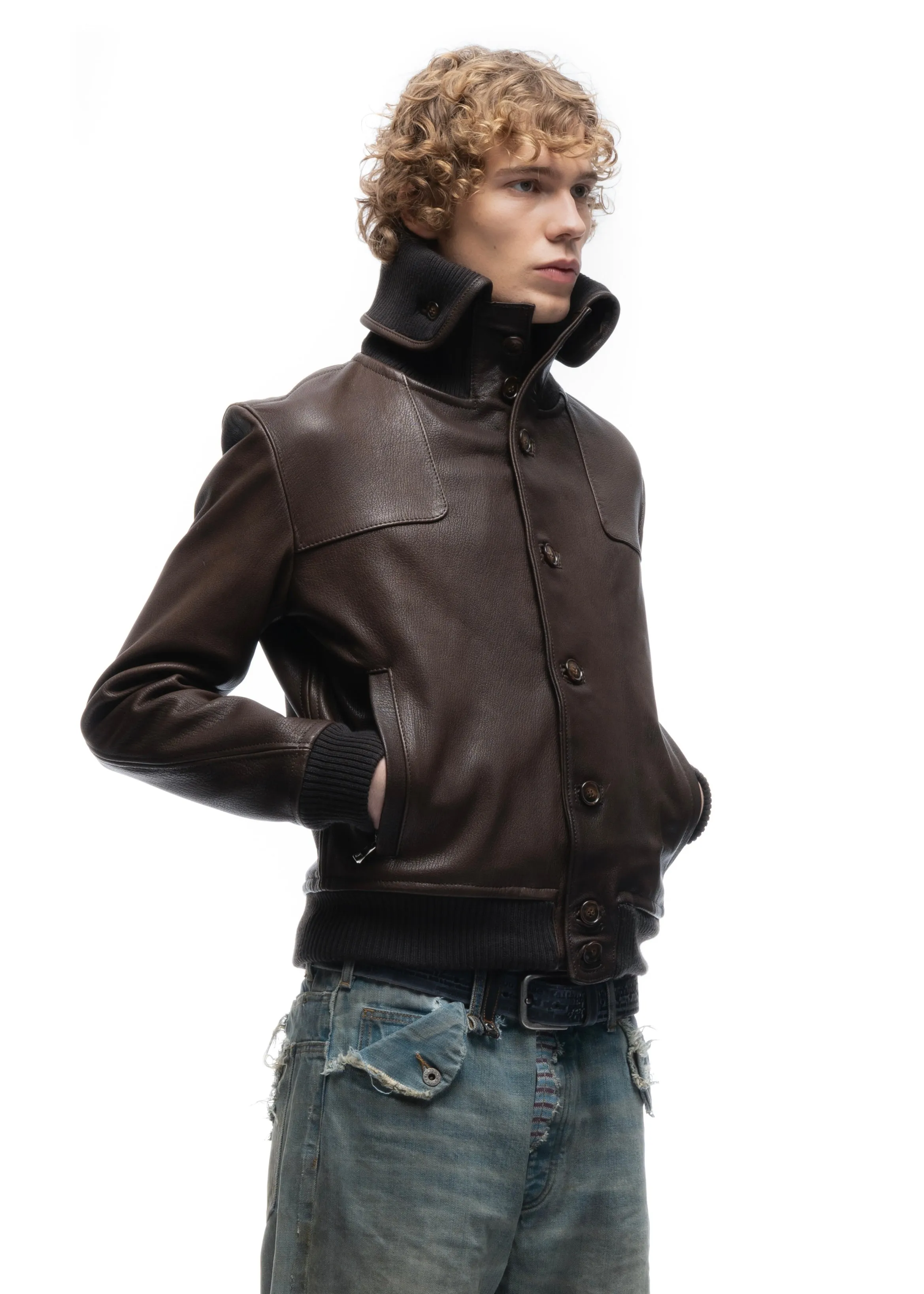 COLLAR UP BUTTON LEATHER JACKET BROWN sold by NO/FAITH STUDIOS product image thumbnail 3