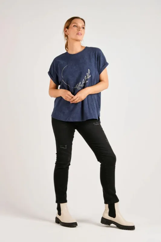 One Ten Willow Cuff Sleeve Floral Circle Tee - Washed Navy sold by Bayside Shoe Warehouse