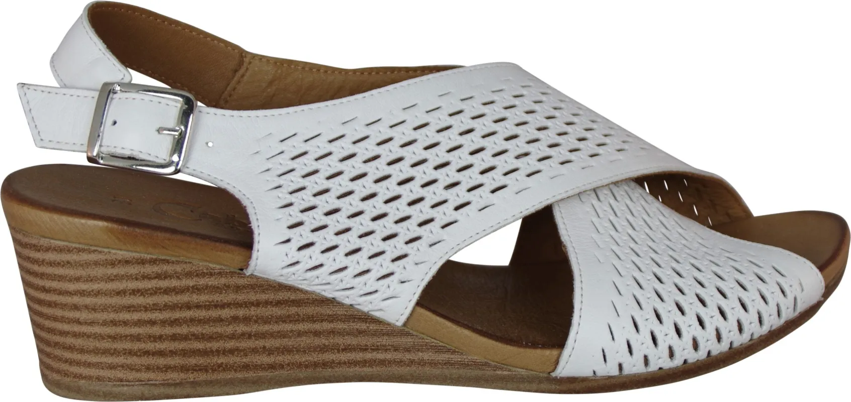 Cabello Hera White Adjustable Wedged Sandals sold by Bayside Shoe Warehouse