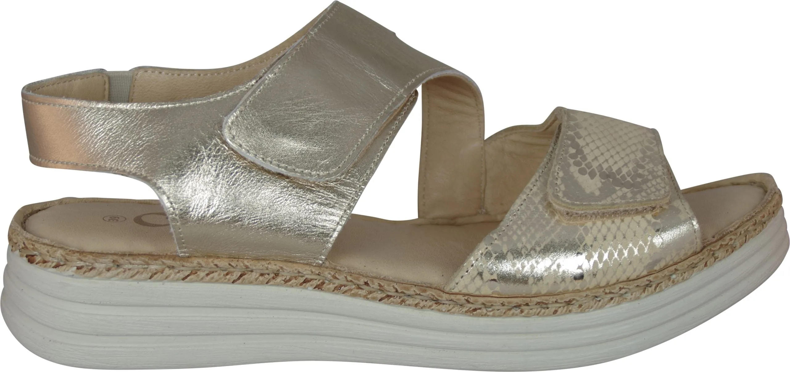 Cabello Rhonda Gold Adjustable Velcro Sandals sold by Bayside Shoe Warehouse