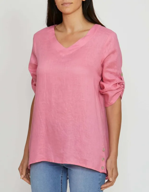 Jump Button Detail Linen Top in Pink sold by Bayside Shoe Warehouse