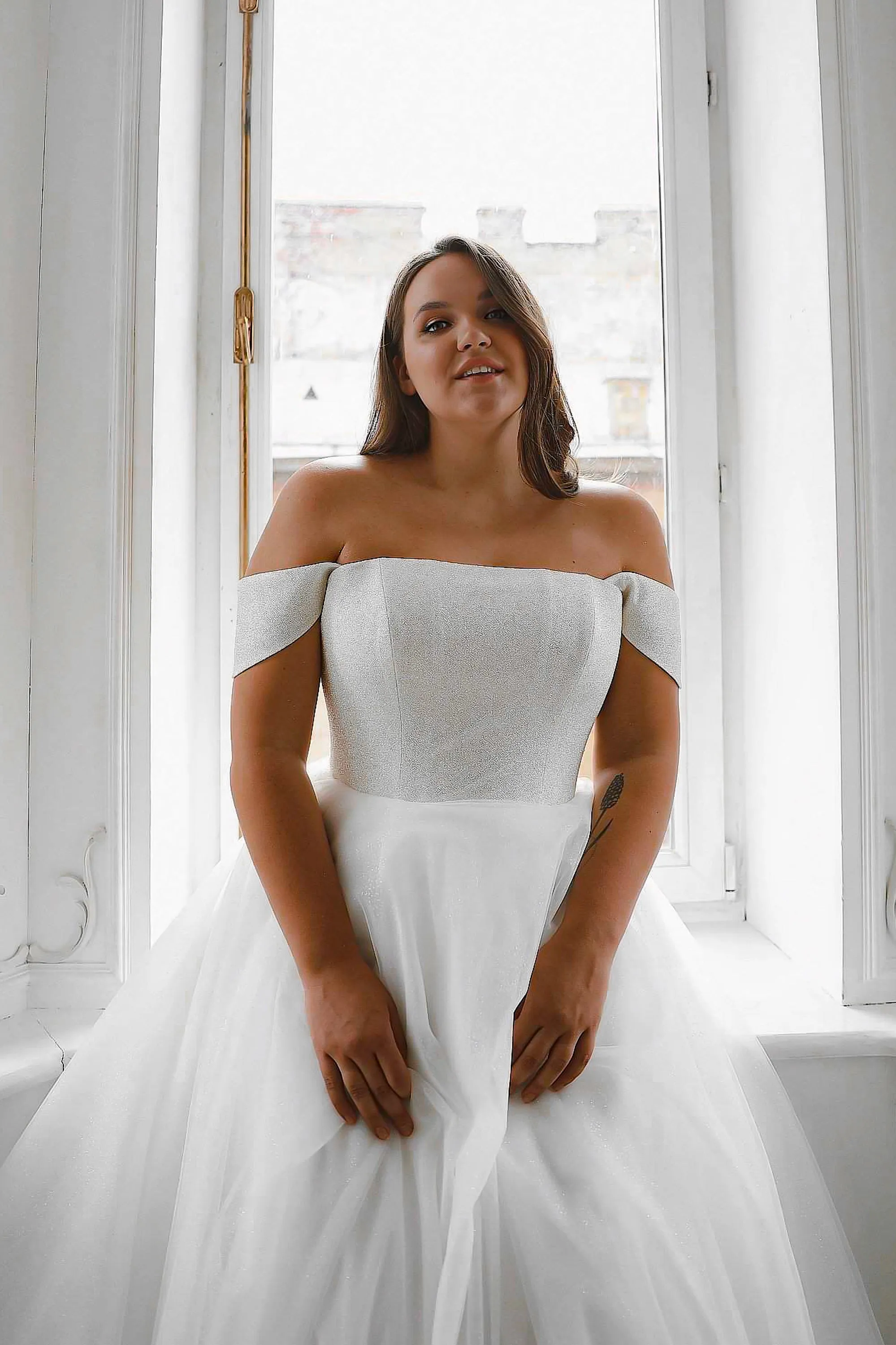 Plus Size Shiny Off-the-Shoulder Wedding Dress Klouzi 2 with wide straps sold by Olivia Bottega product image thumbnail 2