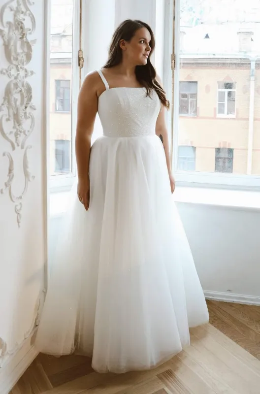 Plus Size Sparkly Wedding Dress Klouzi 2 with spaghetti straps sold by Olivia Bottega