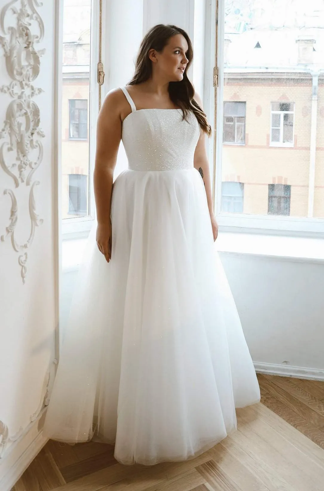 Plus Size Sparkly Wedding Dress Klouzi 2 with spaghetti straps sold by Olivia Bottega