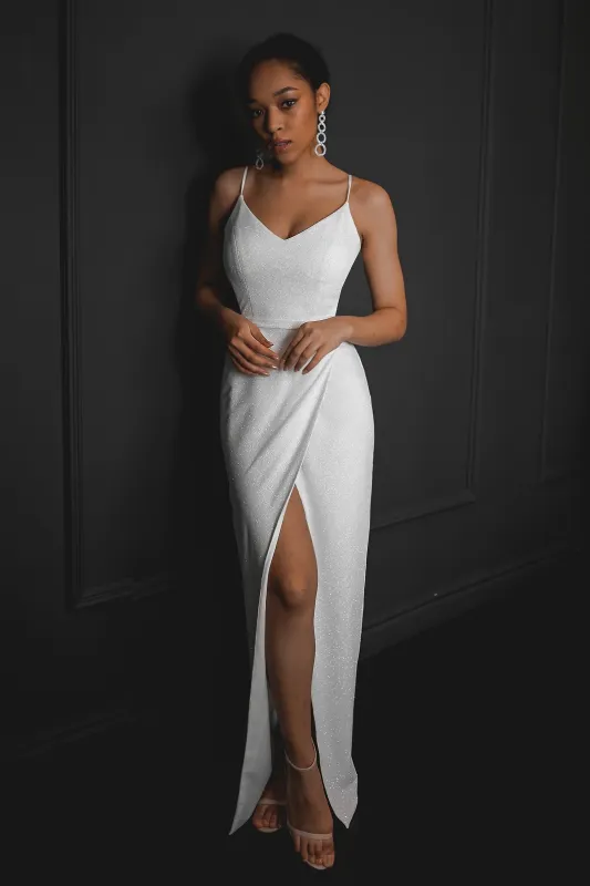 Light Ivory Sparkly Evening Dress Leona with Leg Slit sold by Olivia Bottega