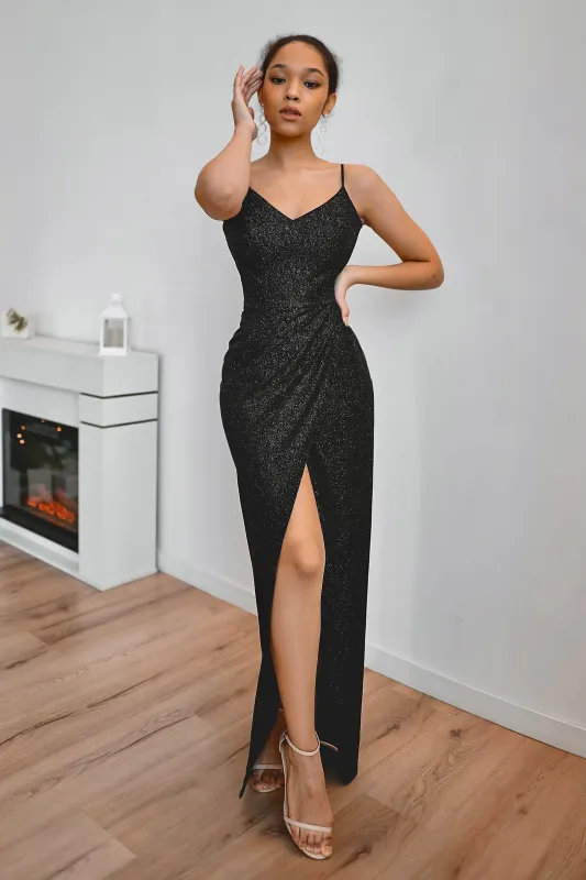 Black Sparkly Evening Dress Leona with Front Slit sold by Olivia Bottega