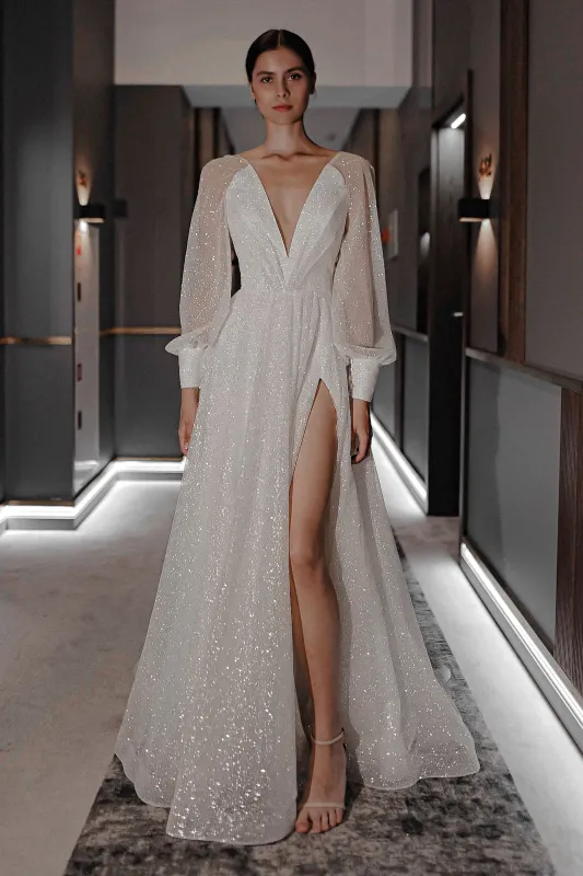 Sparkly Wedding Dress Ella With High Leg Slit sold by Olivia Bottega