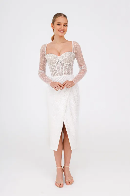 Sparkly Midi Wedding Dress Gemma with Long Sleeves sold by Olivia Bottega