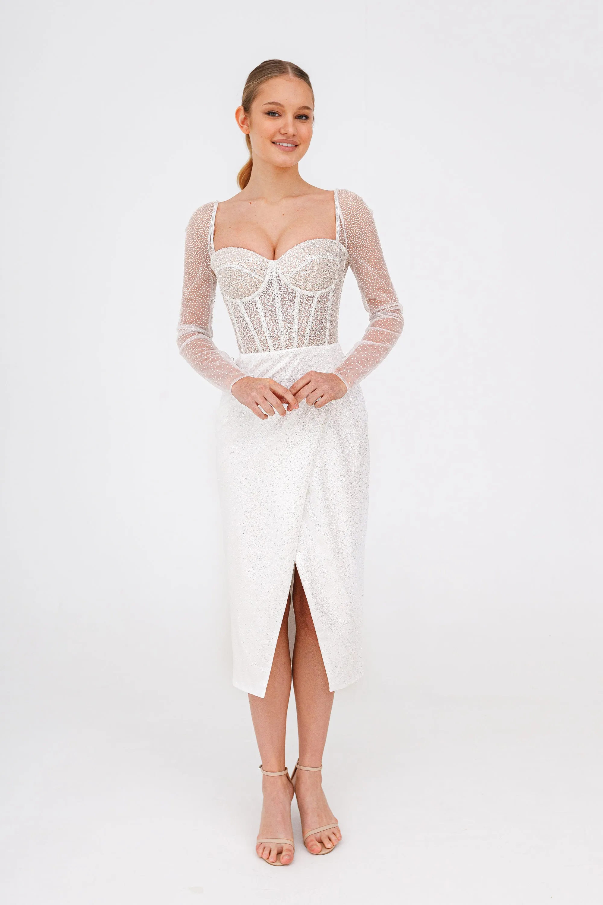 Sparkly Midi Wedding Dress Gemma with Long Sleeves sold by Olivia Bottega