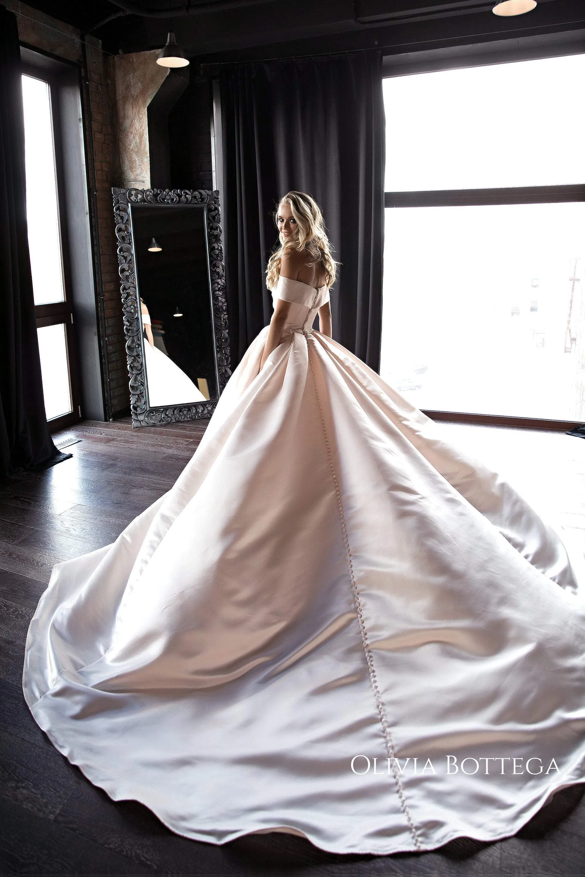 Soft Pink Satin Long Train Wedding Gown Seiliny sold by Olivia Bottega product image thumbnail 2