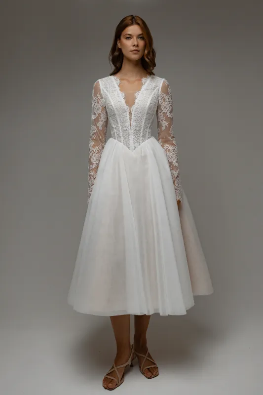 Midi Wedding Dress Sylvara with Long Sleeves made by Olivia Bottega