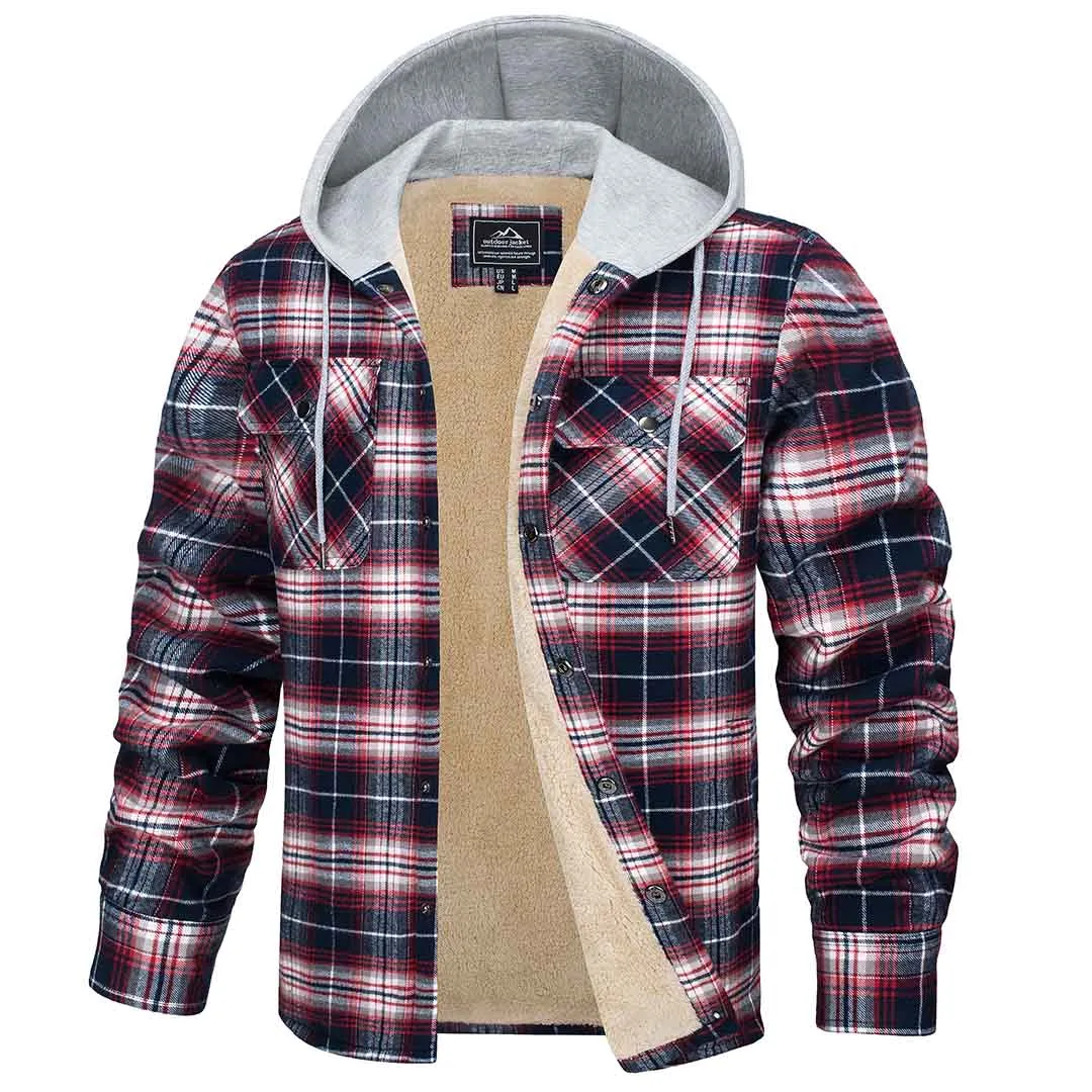 Men's Multiple Pockets Flannel Plaid Shirts Fleece Lining Jacket with Hood sold by Tacvasen