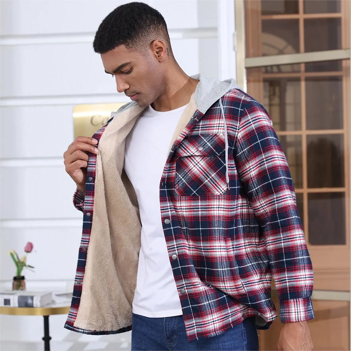 Men's Multiple Pockets Flannel Plaid Shirts Fleece Lining Jacket with Hood sold by Tacvasen product image thumbnail 2