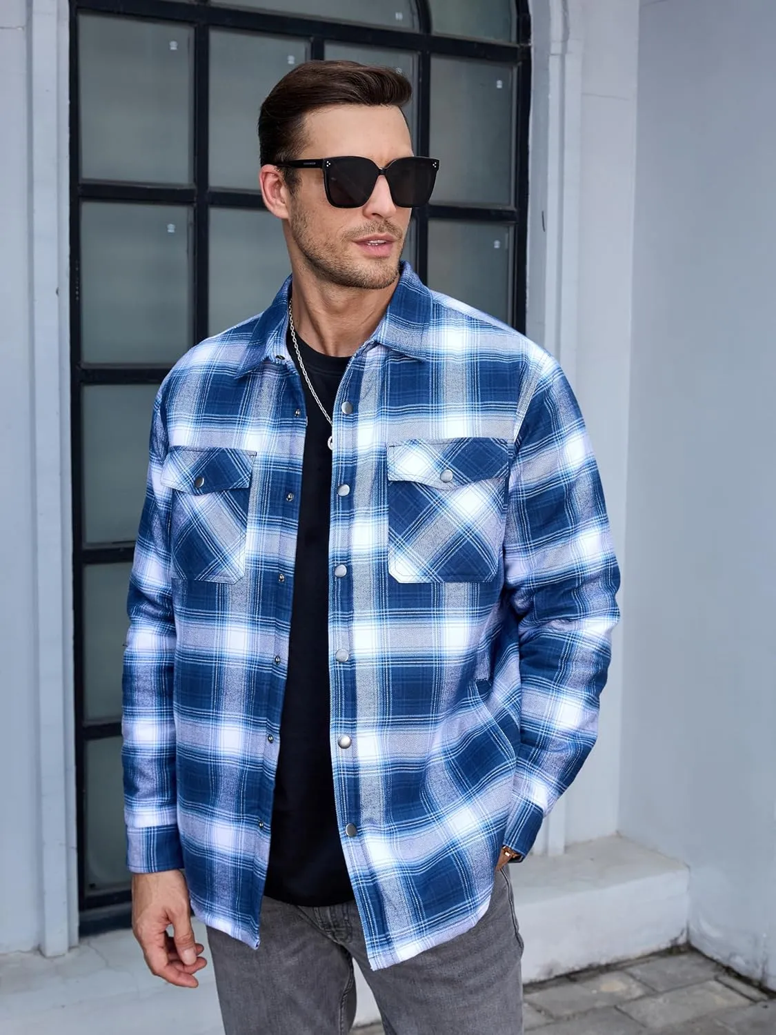 Men's Casual Plaid Long Sleeve Button Up Flannel Shirt Jacket sold by Tacvasen product image thumbnail 3
