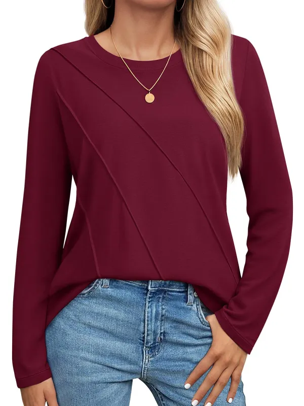 Women's Long Sleeve Shirts Pleated Crew Neck Cotton T-Shirts made by Tacvasen