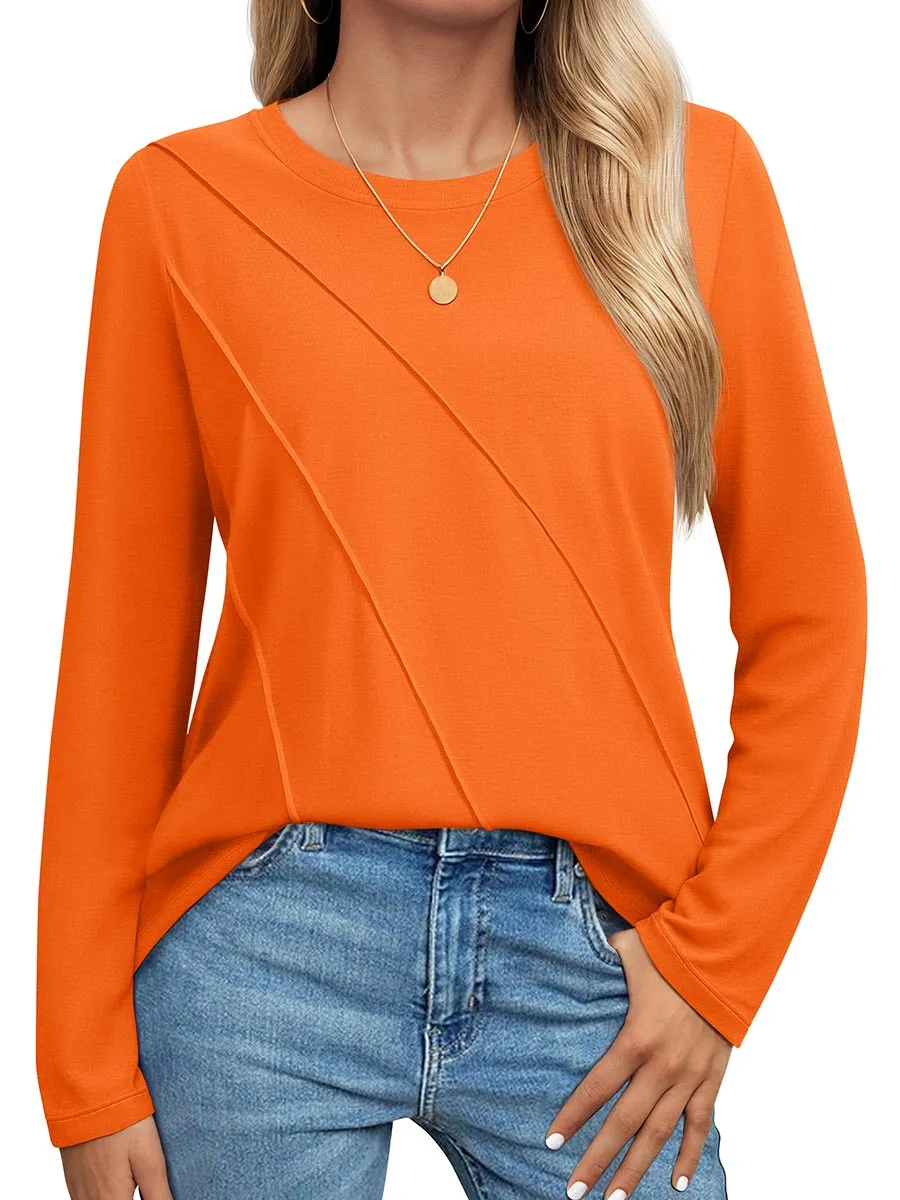 Women's Long Sleeve Shirts Pleated Crew Neck Cotton T-Shirts sold by Tacvasen product image thumbnail 3