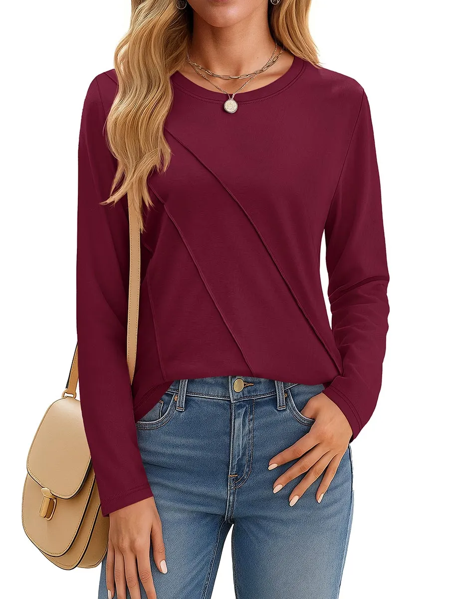Women's Long Sleeve Shirts Pleated Crew Neck Cotton T-Shirts sold by Tacvasen product image thumbnail 2