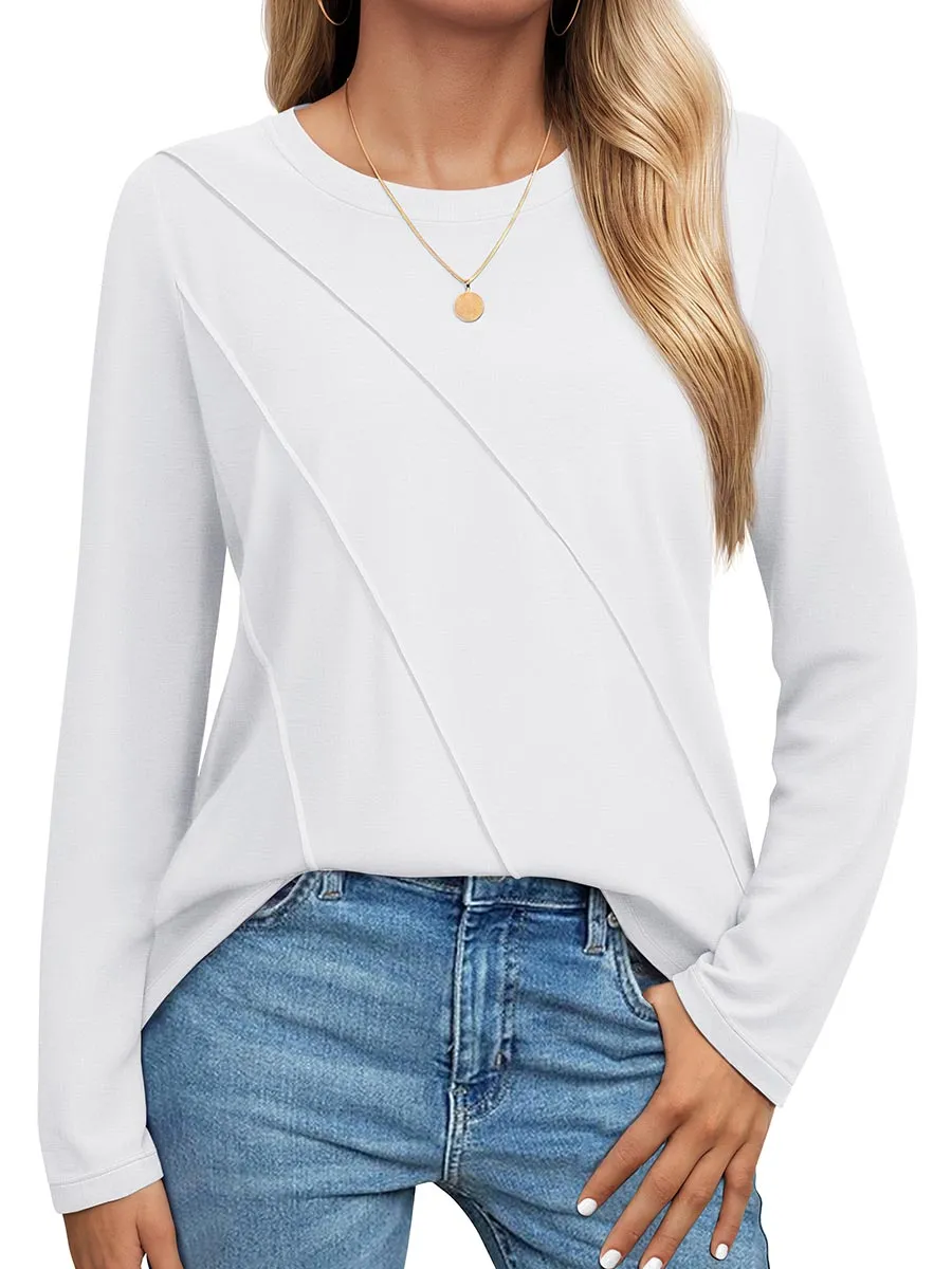 Women's Long Sleeve Shirts Pleated Crew Neck Cotton T-Shirts sold by Tacvasen product image thumbnail 5