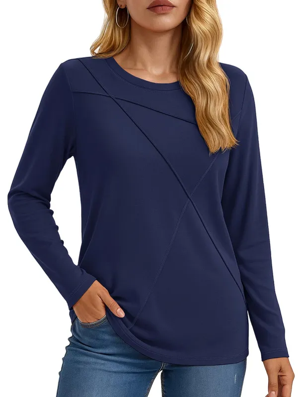 Women's Long Sleeve Shirts Pleated Crew Neck Fall Trendy Tops made by Tacvasen
