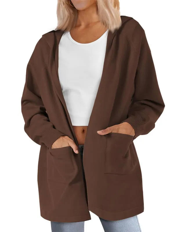 Women's Lightweight Knit Open Front Hooded Cardigan with 2 Pockets made by Tacvasen