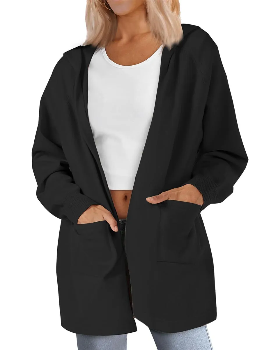 Women's Lightweight Knit Open Front Hooded Cardigan with 2 Pockets sold by Tacvasen product image thumbnail 3