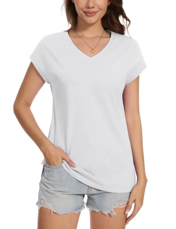 Women's V Neck Cap Sleeve Cotton T-Shirt made by Tacvasen