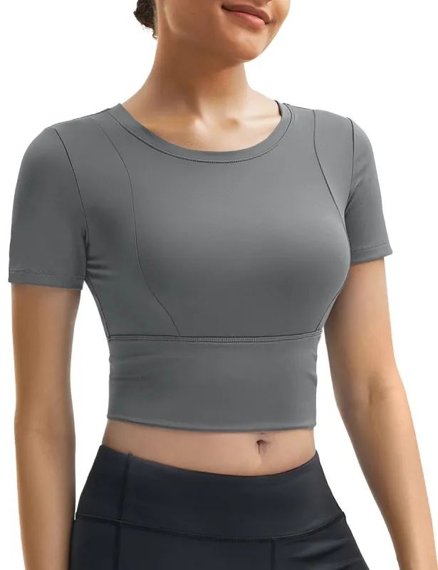 Women's Crop Workout Tops Yoga Short Sleeve made by Tacvasen