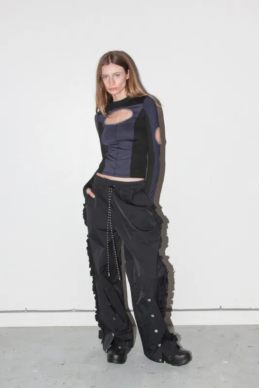 Ruffle Split Track Pant in Onyx sold by KkCo