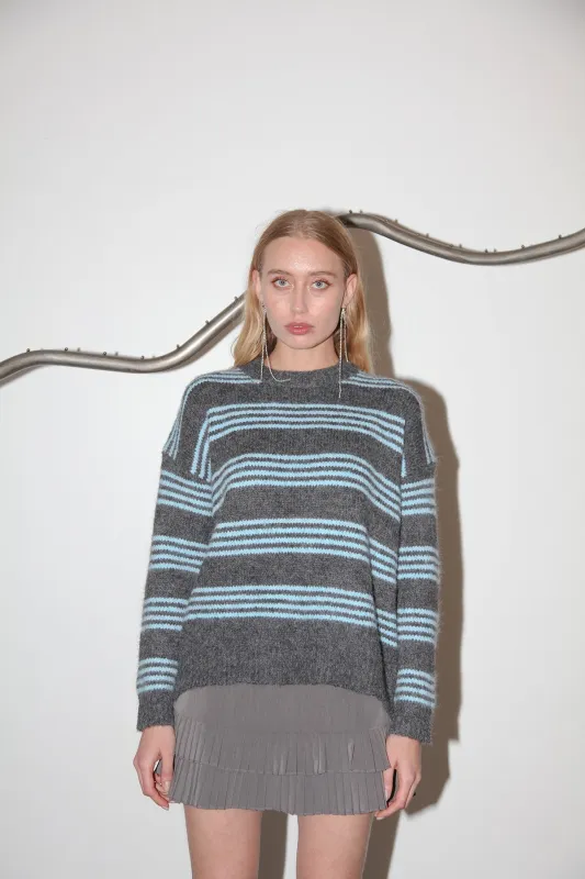 Studio 207 Stripe Knit Crewneck Sweater in Charcoal & Blue made by Studio