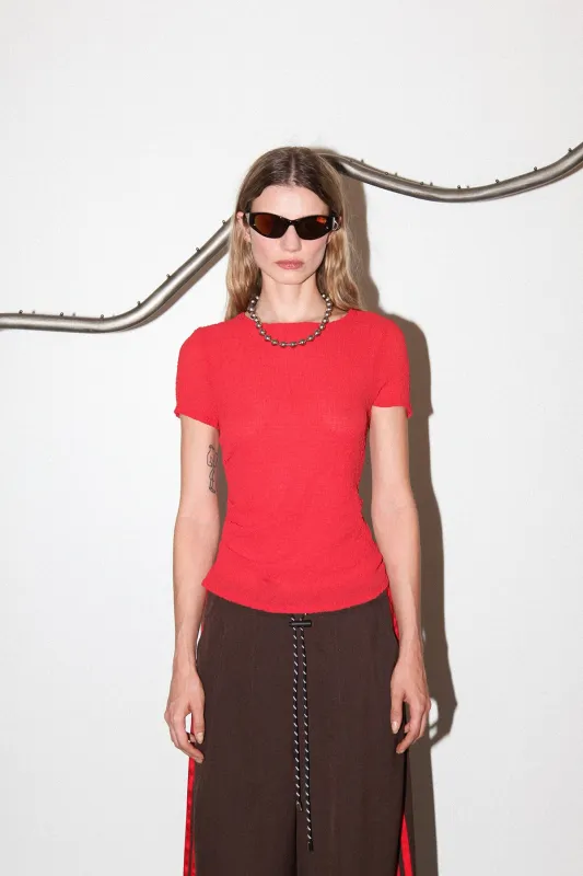 Gauze Ruched Tee in Tomato sold by KkCo