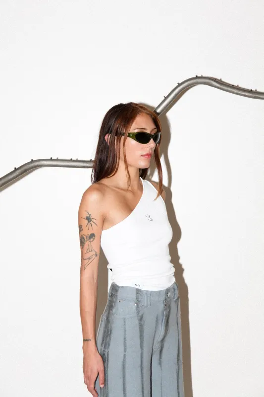 Pierced One Shoulder Rib Tank in White made by KkCo
