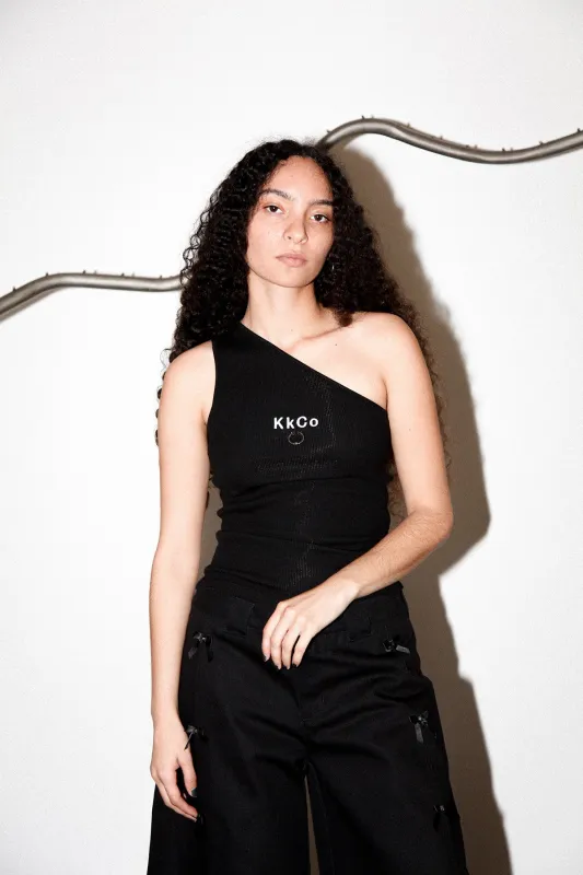 Pierced One Shoulder Rib Tank in Black made by KkCo