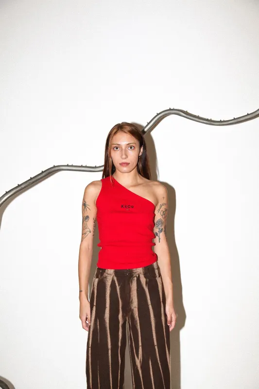 Pierced One Shoulder Rib Tank in Red made by KkCo