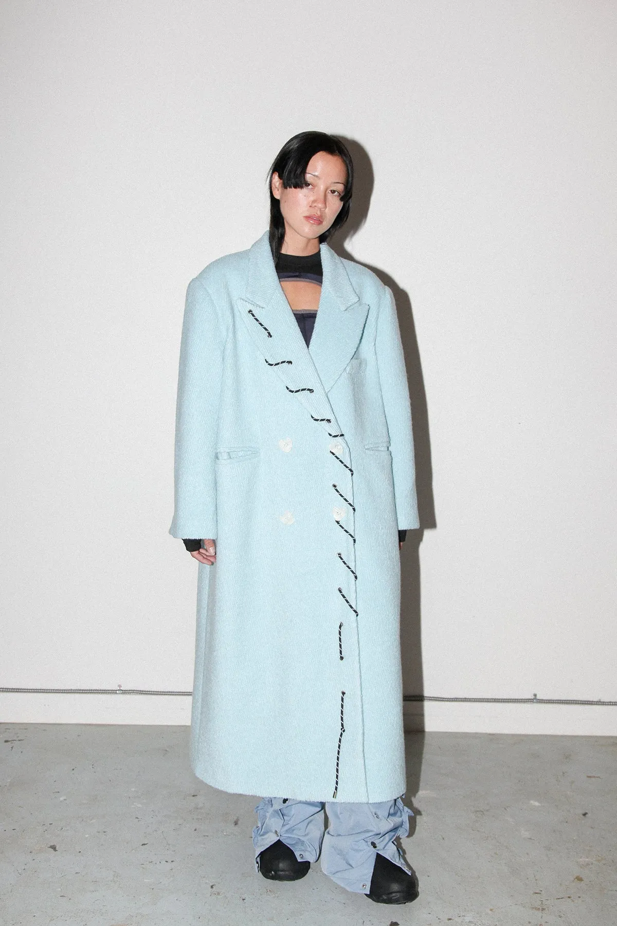 Loop Cord Moss Coat in Sky sold by KkCo