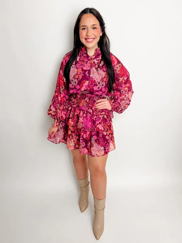 Cranberry Floral Smock Waist Dress sold by Mimosa