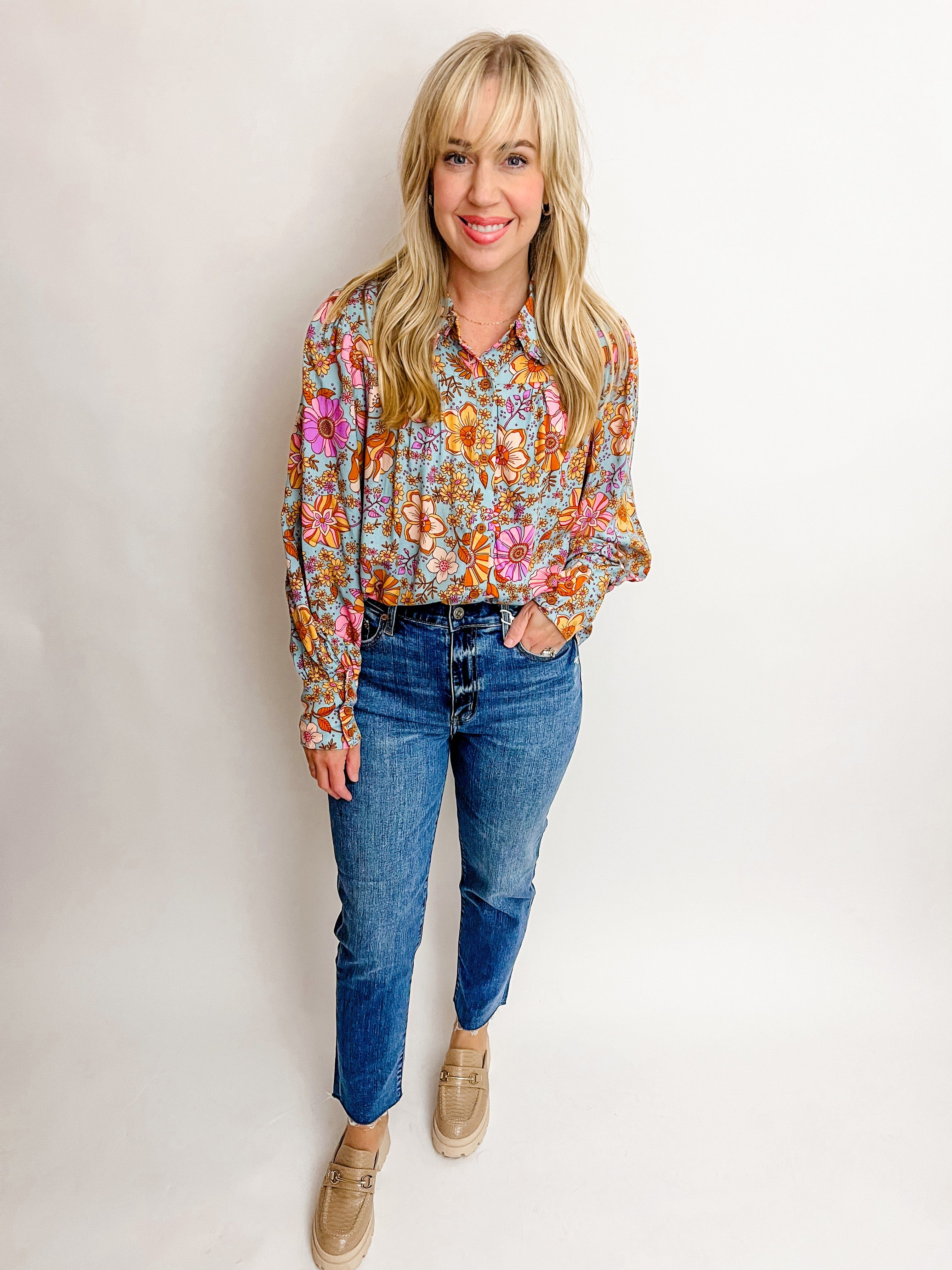 Floral Harmony Ruffle Collar Top sold by Mimosa