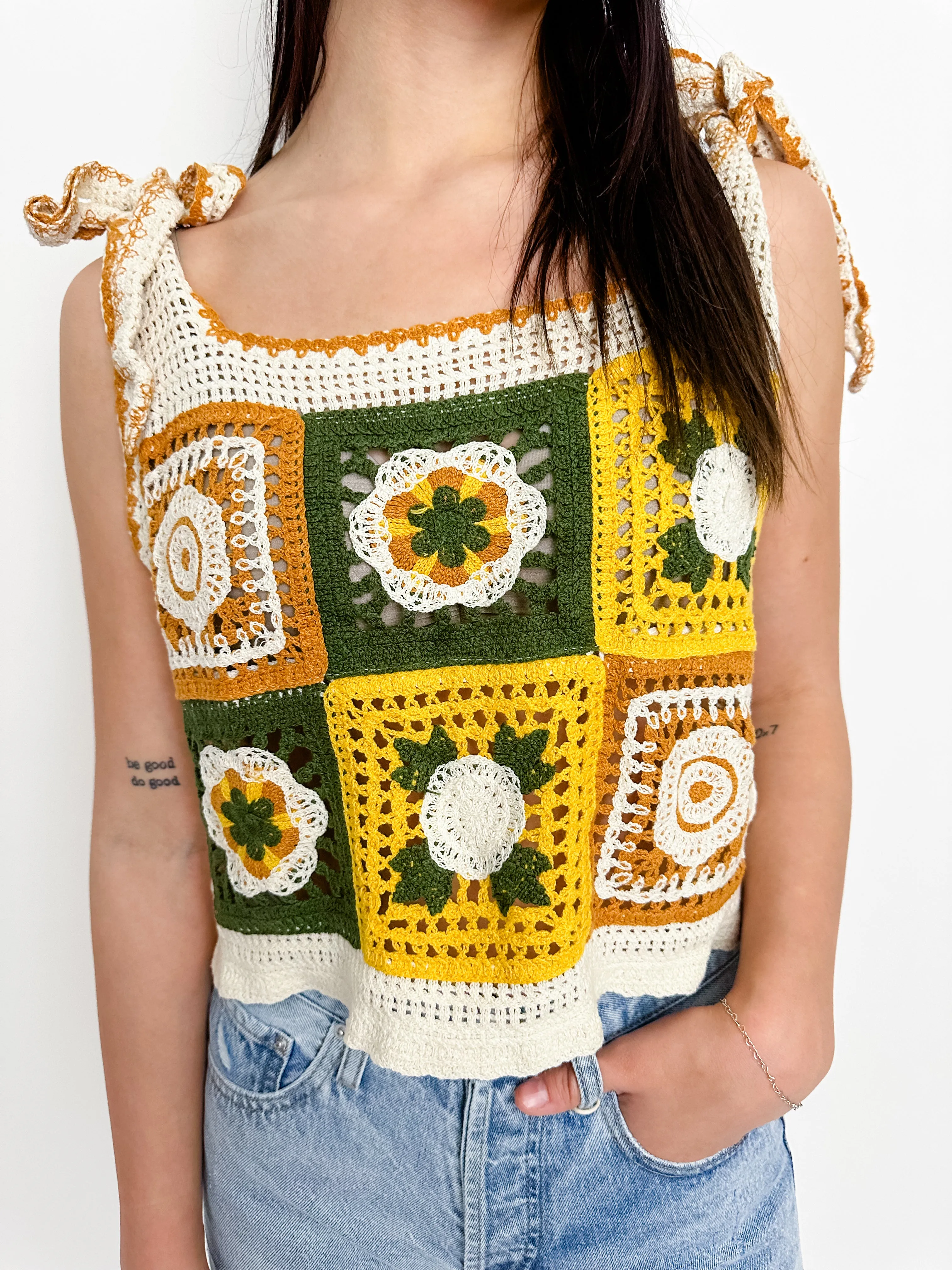 Luca Crochet Tie Strap Tank sold by Mimosa