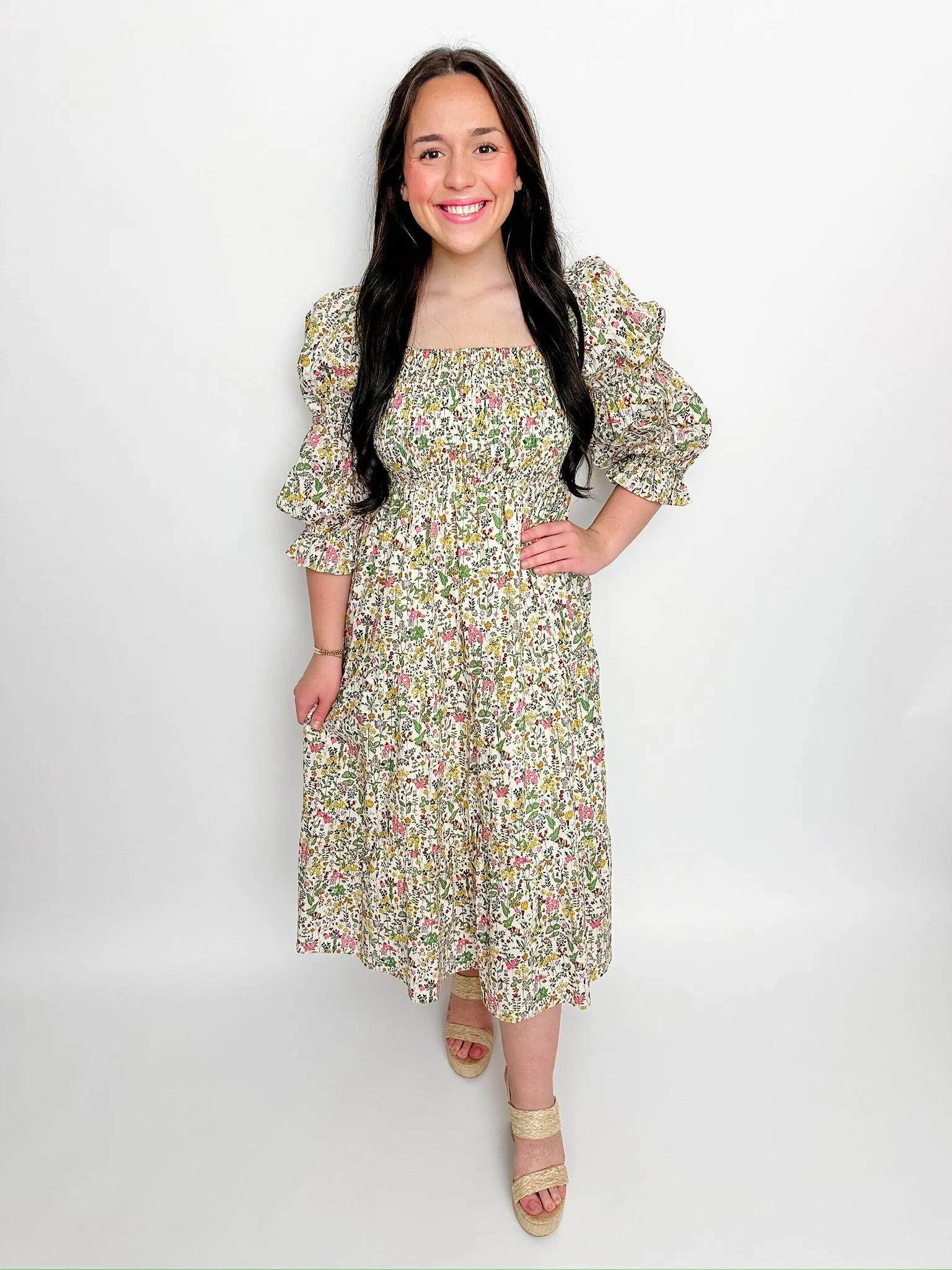 Fern Floral Smocked Midi Dress sold by Mimosa