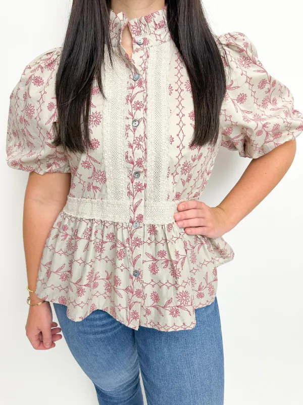 Stitched Daisy Ruffle Bottom Blouse sold by Mimosa