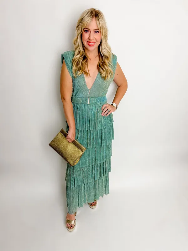 Alexandra Metallic Tiered Maxi Dress sold by Mimosa