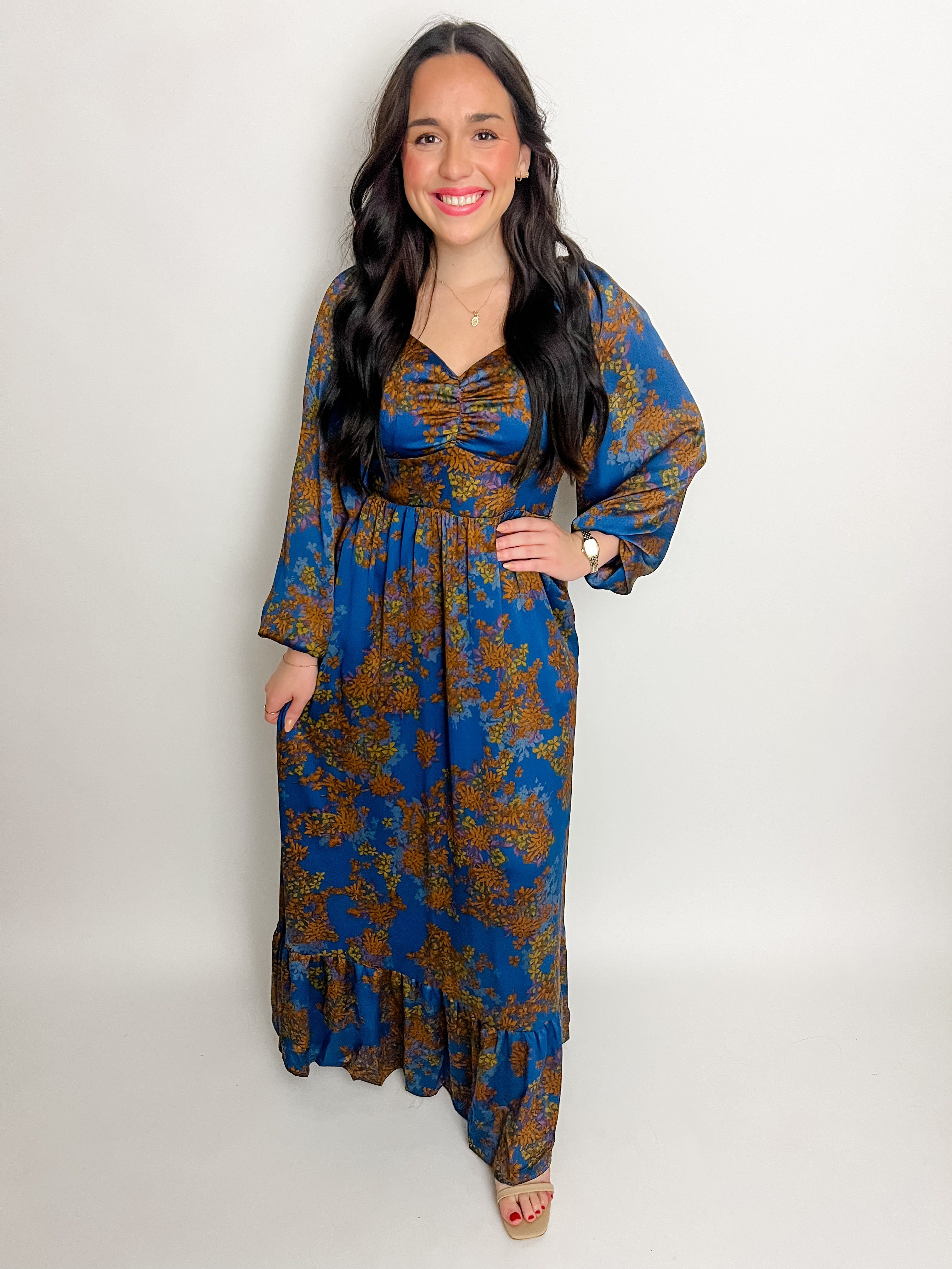 Winter Floral Satin Maxi Dress sold by Mimosa