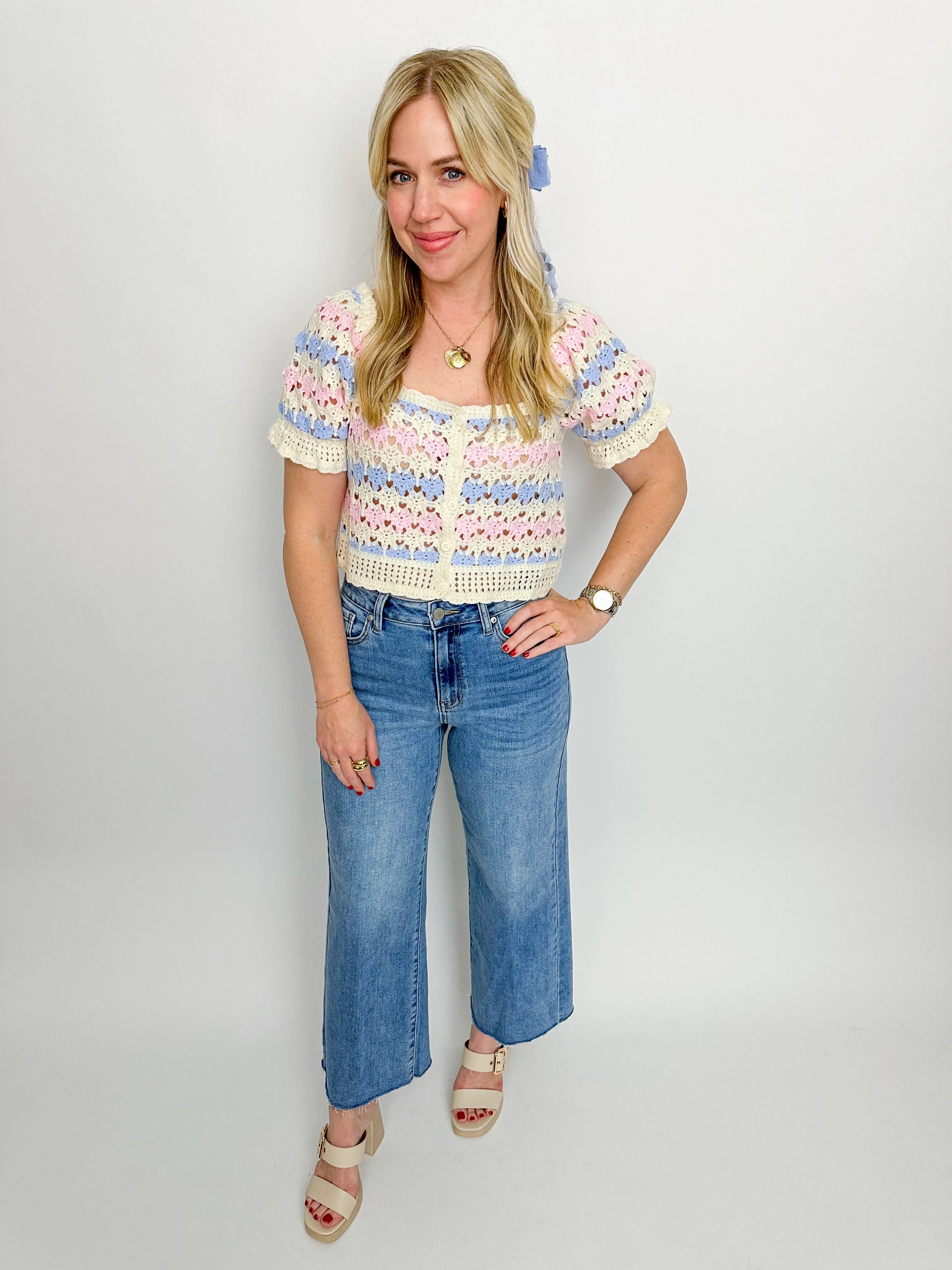 Lillian Crochet Button Front Top sold by Mimosa