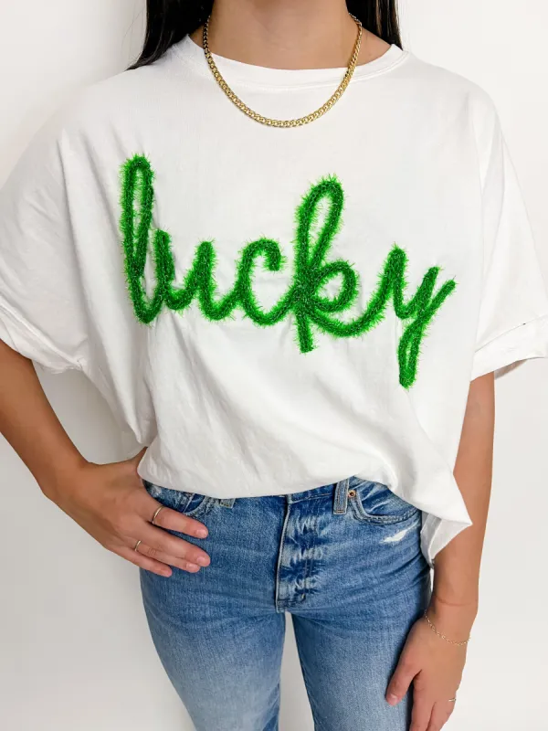 Lucky Glitter Script Oversized Tee sold by Mimosa