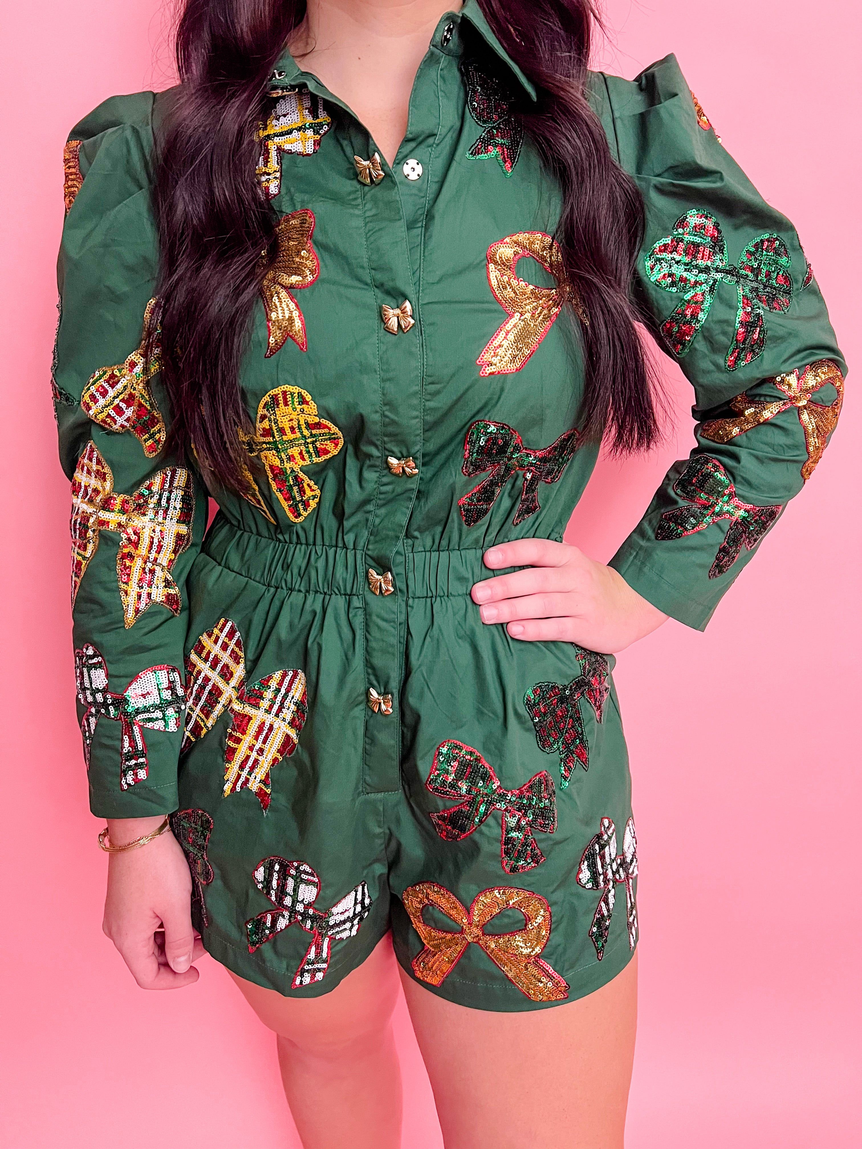 Green Plaid Bow Romper sold by Mimosa