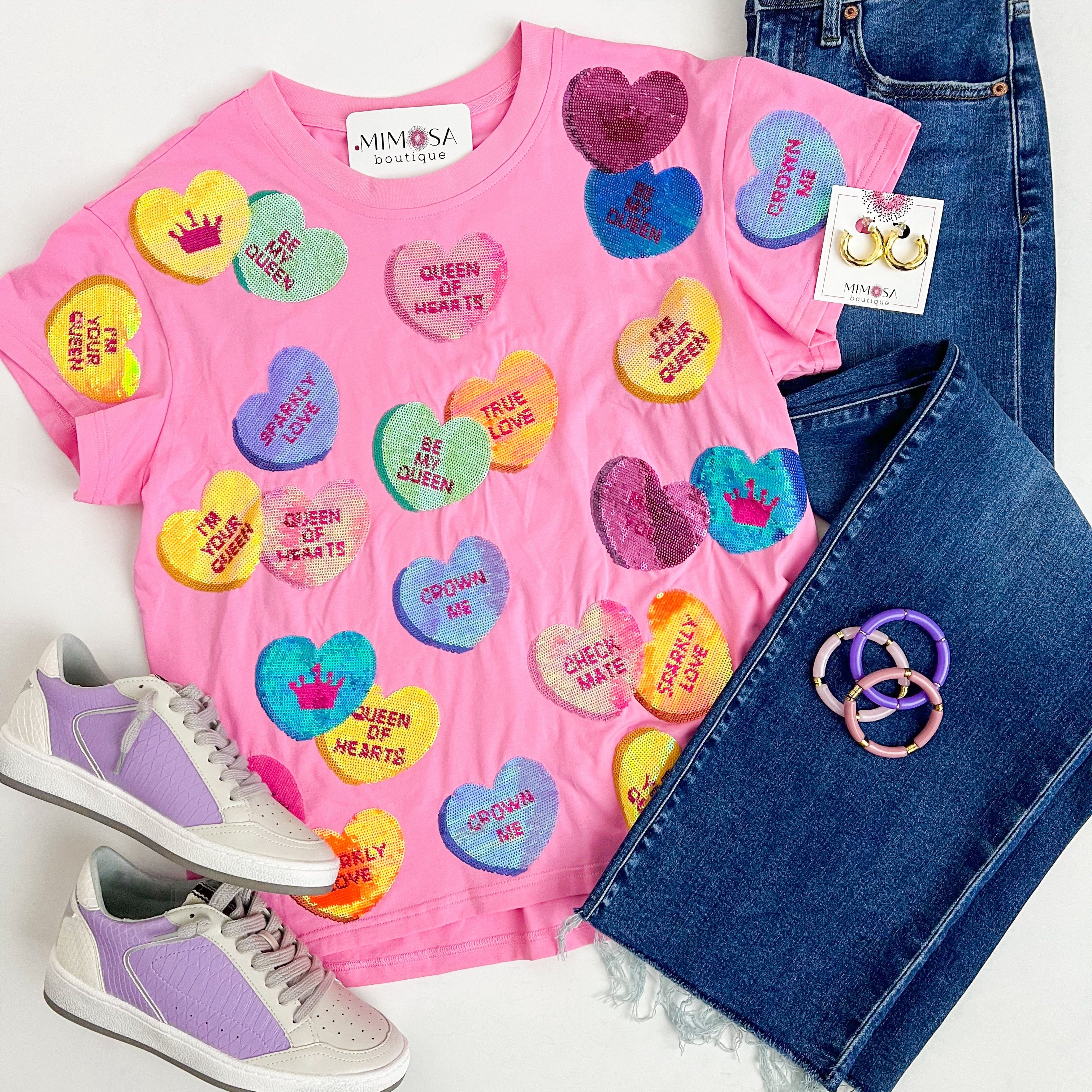 Sequin Candy Heart Tee Magenta sold by Mimosa