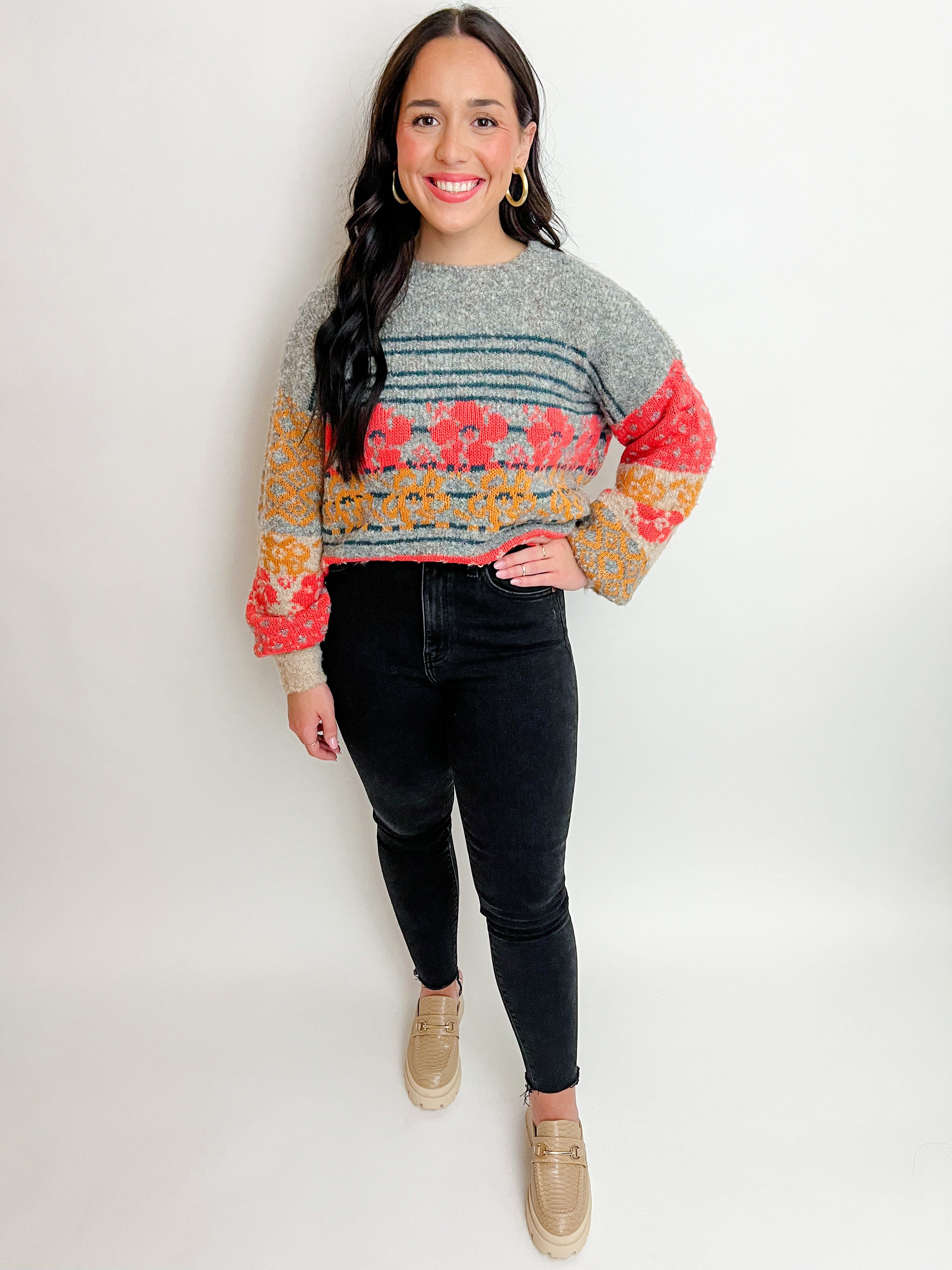 Stripe Floral Crew Neck Sweater sold by Mimosa