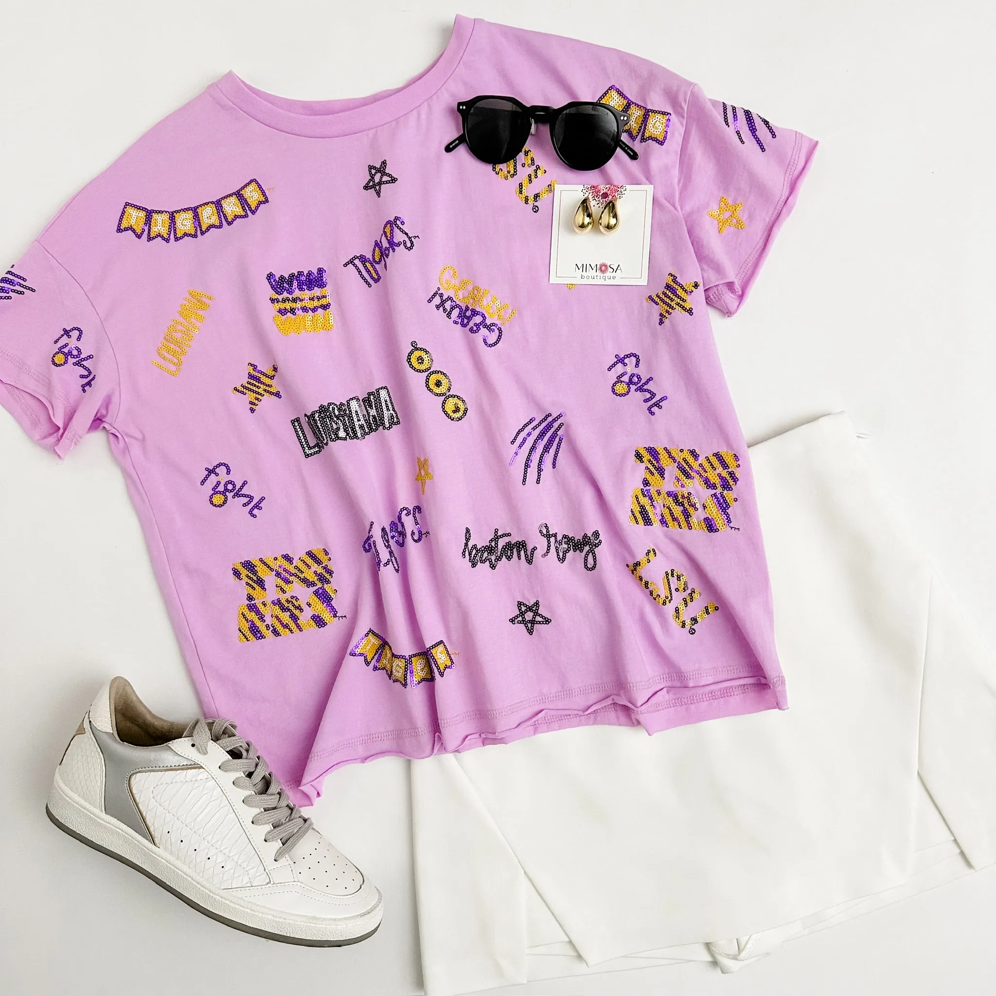 The LSU Sequin Boxy Tee sold by Mimosa