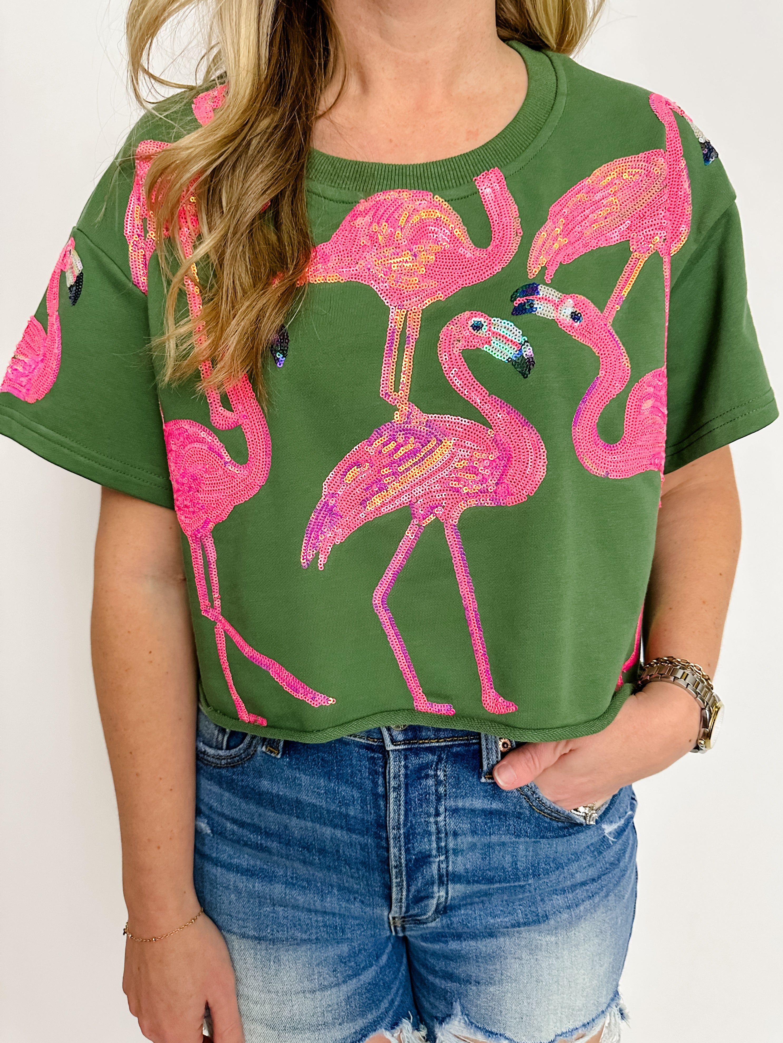 Flamingo Sequin Short Sleeve Top sold by Mimosa